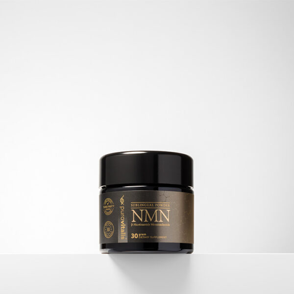 Image shows bottle of NMN powder 30 gram