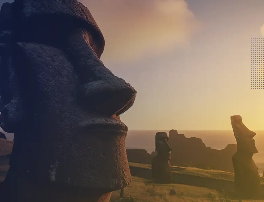 Vue sur le paysage serein de Rapa Nui, berceau de la rapamycine, avec en arrière-plan les anciennes statues moai, qui symbolisent le lien entre la voie mTOR et la recherche sur la longévité, ainsi que la quête visant à comprendre le rôle de mTOR dans le vieillissement.