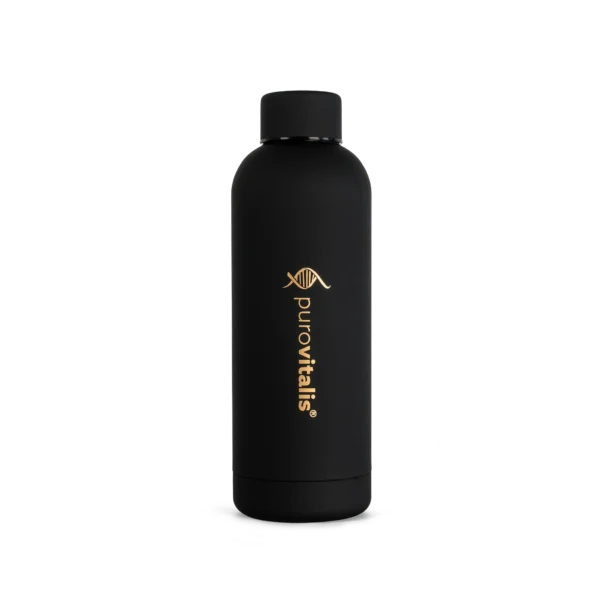 Purovitalis stainless steel water bottle 500ml in matte black with gold logo, BPA-free and leak-proof Image alt (colours): Purovitalis stainless steel water bottles in soft yellow, white and black