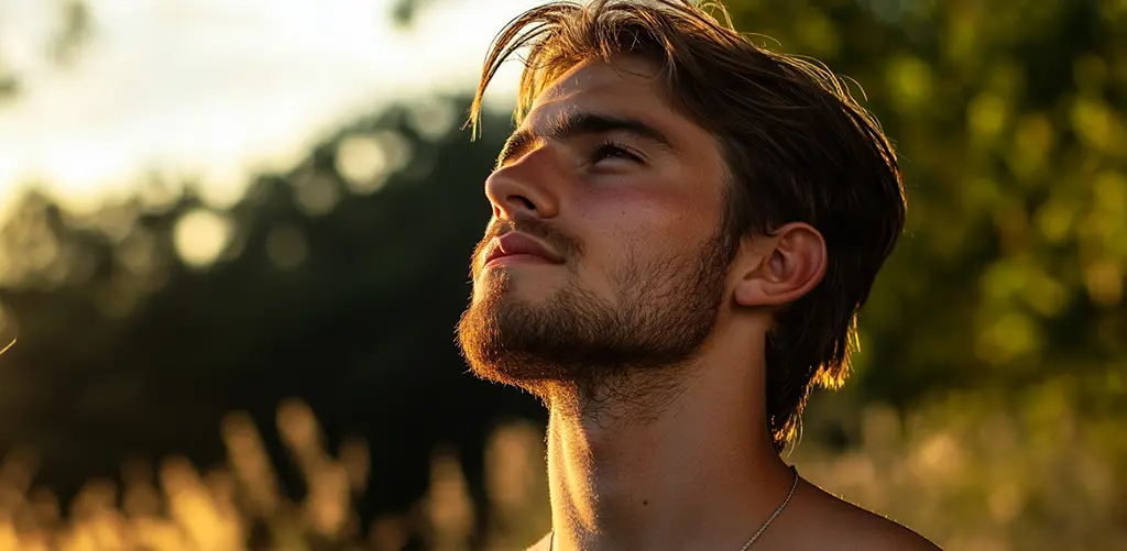 Ein Mann mit gesunder, jugendlicher Haut, der dies veranschaulicht Vorteile von Kollagenpräparaten für die Hautgesundheit und das allgemeine Wohlbefinden von Männern.
