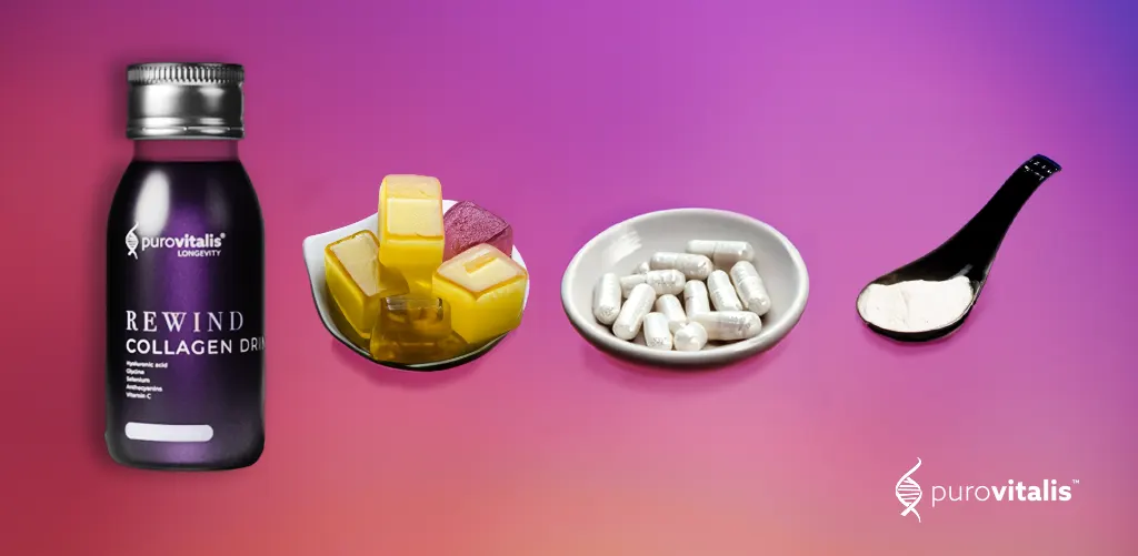 Comparison of different collagen forms: liquid collagen in a bottle, powdered collagen in a scoop, collagen gummies, and collagen capsules, highlighting various options for supplement consumption