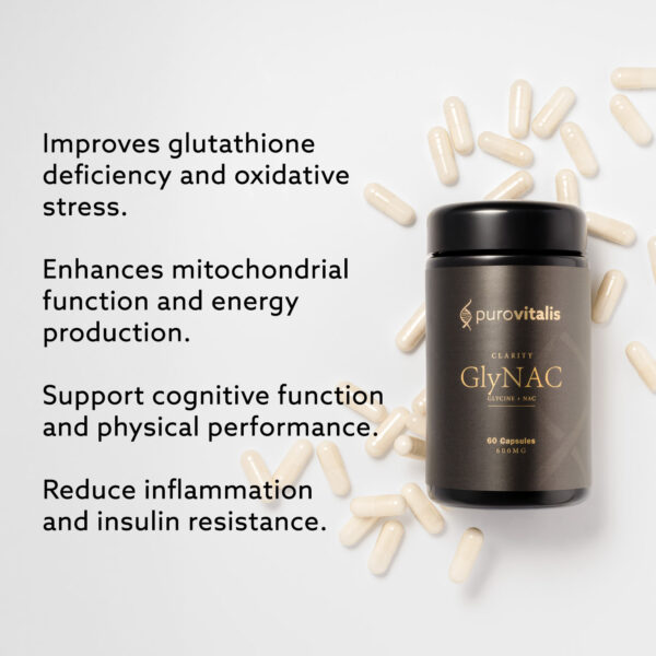 Improves glutathione deficiency and oxidative stress. Enhances mitochondrial function and energy production.Support cognitive function and physical performance.Reduce inflammation and insulin resistance.
