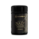 NAD+ booster supplement ingredients: Nicotinamide Riboside (NR), Niacinamide, L-Ergothioneine (ERGO) and antocyanins. 30 capsules per jar.