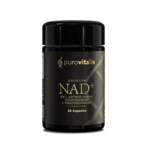 Ingrédients du complément alimentaire stimulant le NAD+ : riboside de nicotinamide (NR), niacinamide, L-ergothionéine (ERGO) et anthocyanines. 30 gélules par flacon.