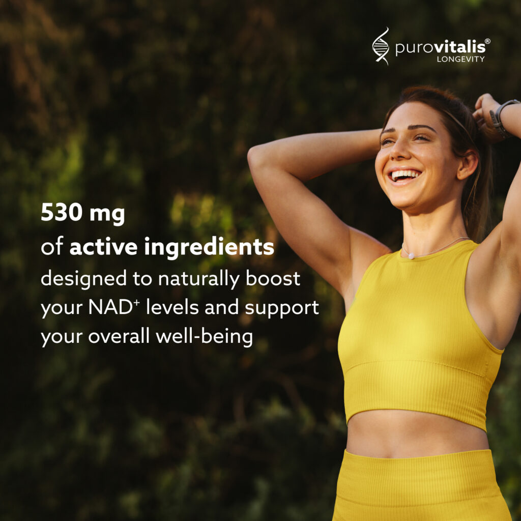 NAD+-Booster mit 530 mg Wirkstoffen, NR-Präparat mit Anthocyanen, Nicotinamid und PQQ.