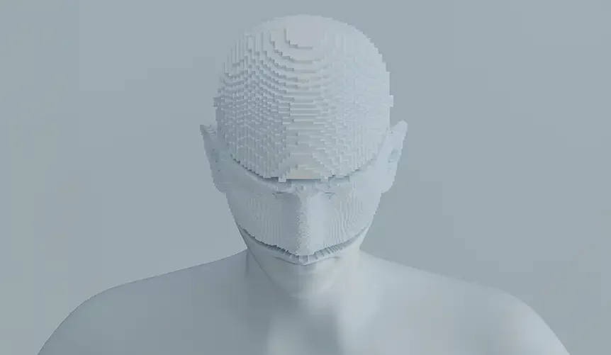 Escultura que representa la parte superior del cuerpo y la cabeza de una persona, con la cabeza ligeramente inclinada y mirando hacia delante. La superficie presenta una textura rugosa y irregular, posiblemente de yeso, que contrasta con la forma humana.