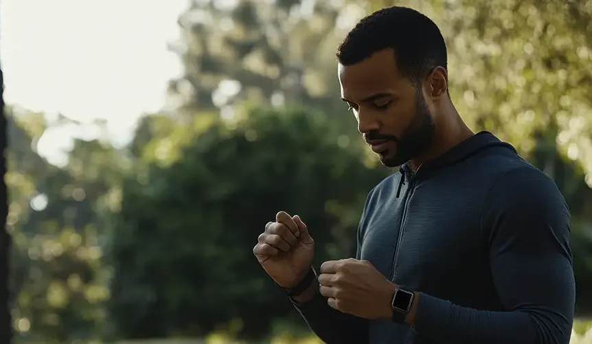 Een man die buiten een smartwatch draagt, in een park staat en na het sporten op zijn Apple Watch kijkt.