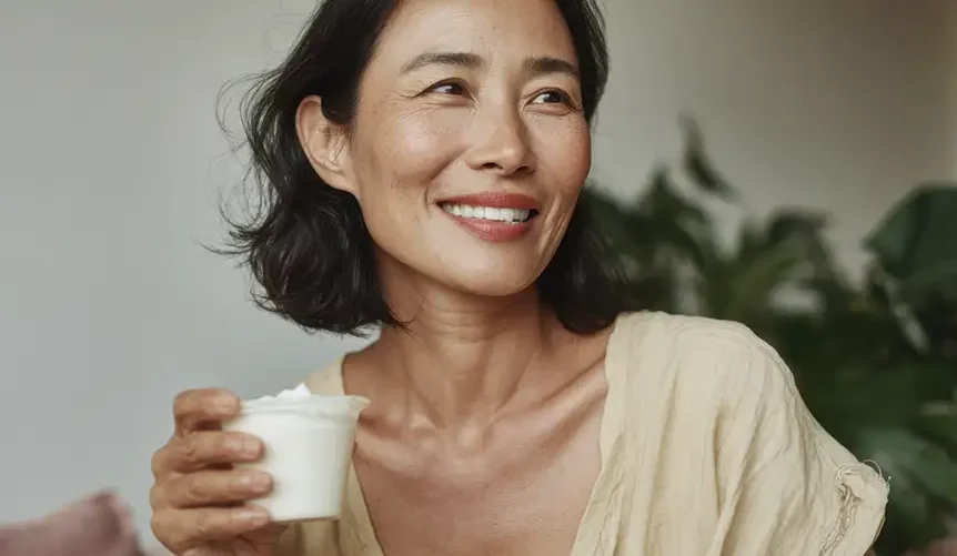 A smiling woman with short dark hair sits indoors holding a cup of yogurt. She’s wearing a light, casual blouse and looking to the side, with soft daylight and green plants in the background.