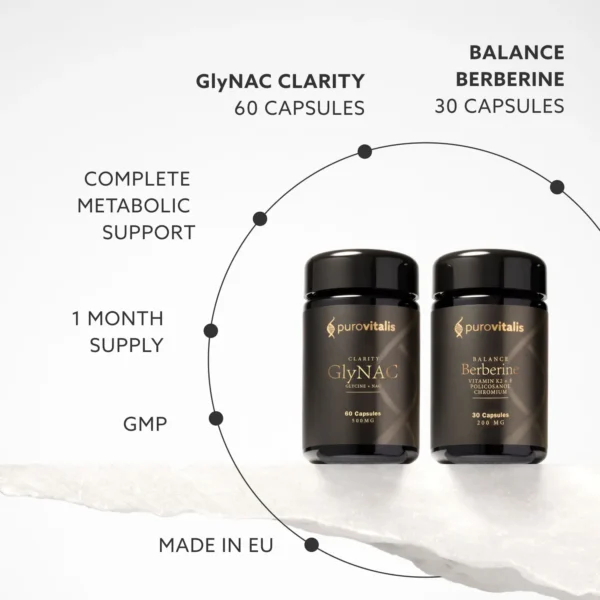 Pachetul „Metabolic Renewal” include: GlyNAC Clarity – 60 de capsule, Balance Berberine – 30 de capsule, GMP, fabricat în UE, cantitate suficientă pentru o lună