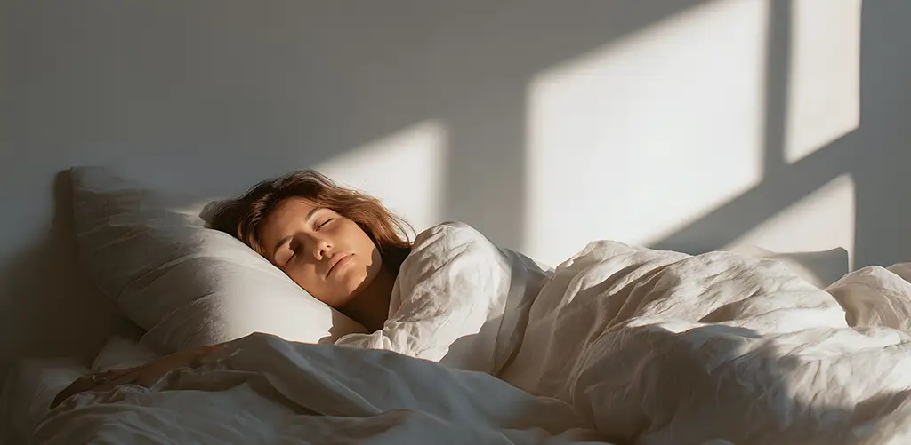 Mujer durmiendo plácidamente en una cama blanca mientras la cálida luz del sol matutino entra por la ventana, creando suaves sombras en la pared.