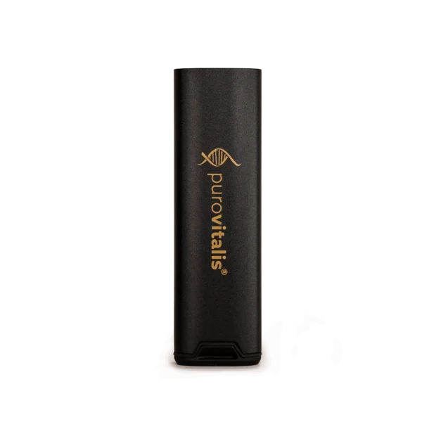 Black Purovitalis aluminum pill organizer standing upright, front view with the embossed logo
