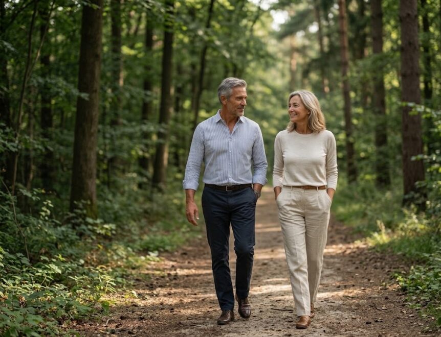 Ein reifer Mann und eine reife Frau in den Fünfzigern, gekleidet in stilvolle Freizeitkleidung, die gemeinsam einen Weg durch einen üppig grünen Wald entlanggehen und sich dabei anlächeln.