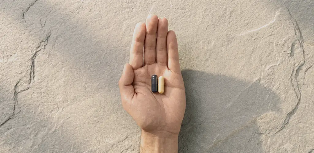 A top-down photograph of an open human hand holding two supplement capsules—one black and one yellow—resting on a rustic grey slate background.