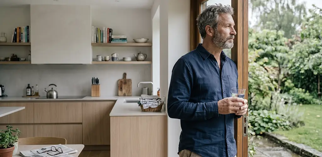 A mature man in a navy shirt holding a glass of water, standing near an open kitchen doorway looking out toward a green garden.