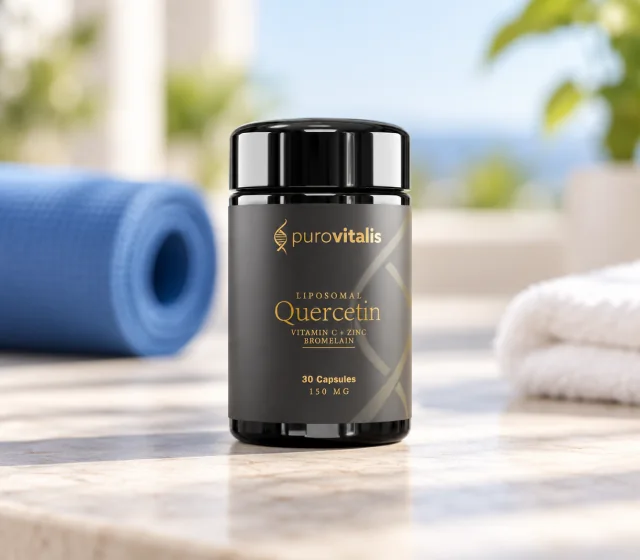 Liposomal Quercetin beside a yoga mat and towel